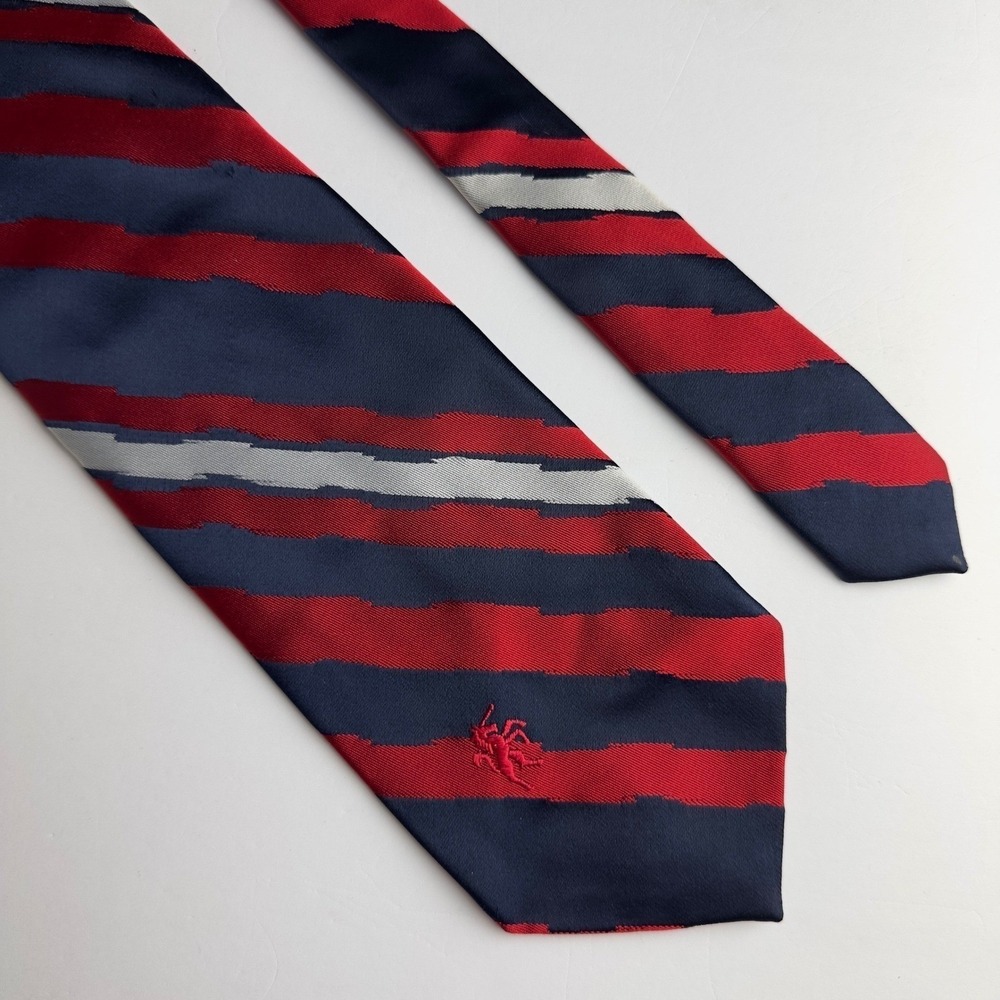 Vintage Bronzini Mens 4" Wide Tie Red Navy Blue Striped Unicorn Logo Kaps
